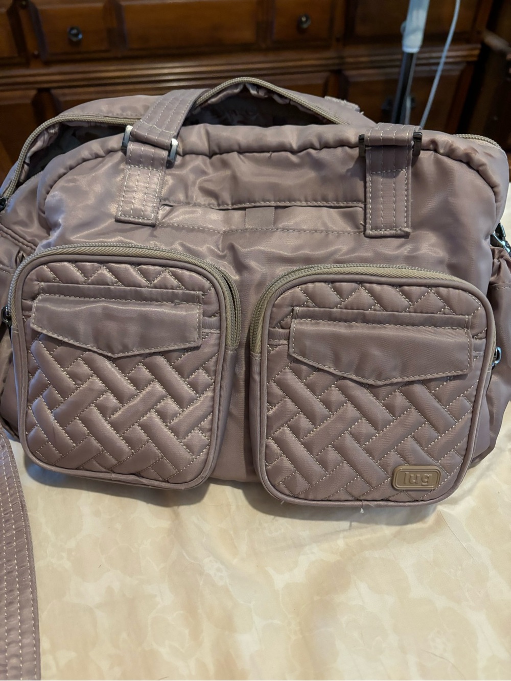 lug Quilted Front-Pocket Duffel in Mauve Taupe